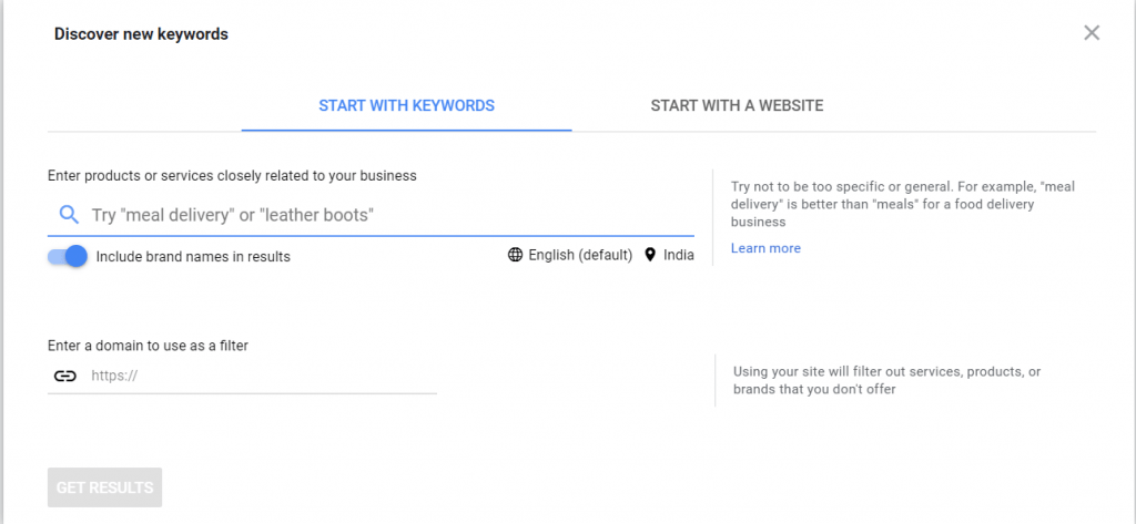 Google Keyword Planner Search Box