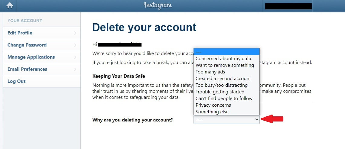 instagram delete account from list