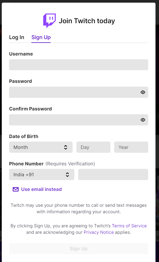 Sign Up Twitch TV