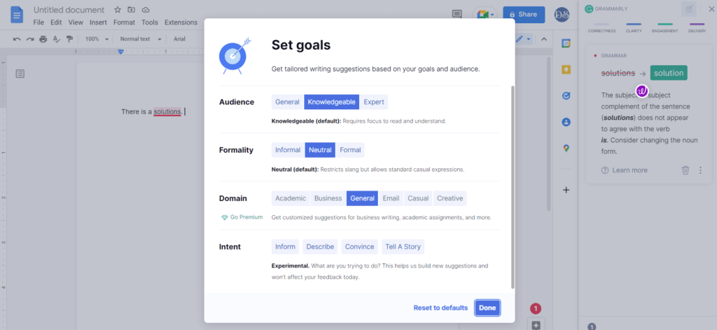 Set Grammarly goal