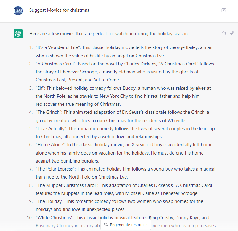 Suggest Movies, Christmas Movies suggestion by ChatGPT